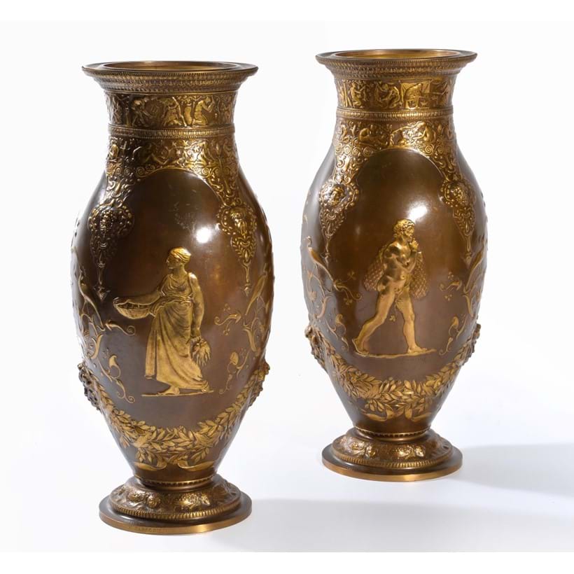 Inline Image - Lot 96, a pair of parcel gilt and patinated bronze vases in the Neo-Grec taste, by Ferdinand Barbedienne and Ferdinand Levillain, circa 1875; est. £5,000-8,000 (+fees)
