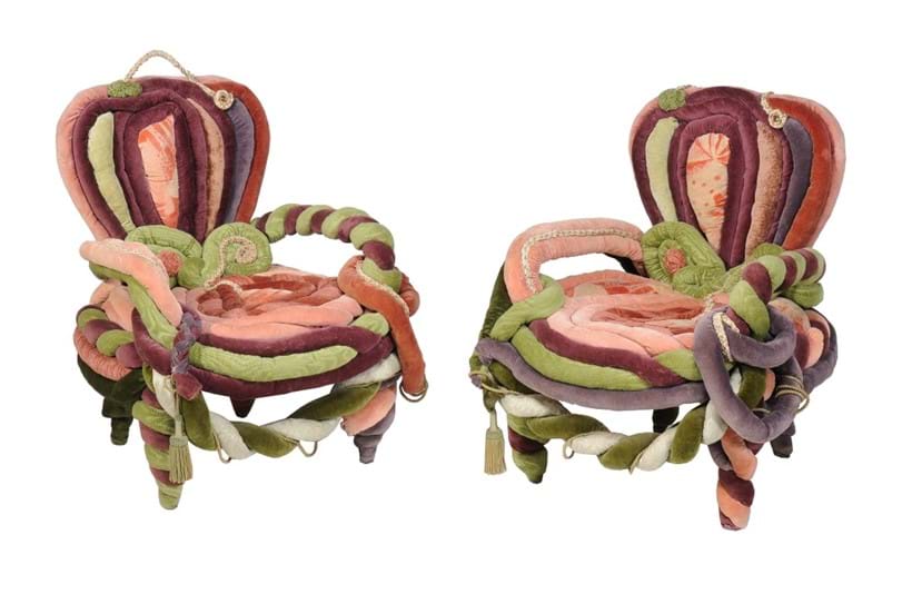 Inline Image - Lot 116, a pair of iron framed armchairs in Victorian style, 
each upholstered in velvet padded fabric; est. £500-800 (+fees)