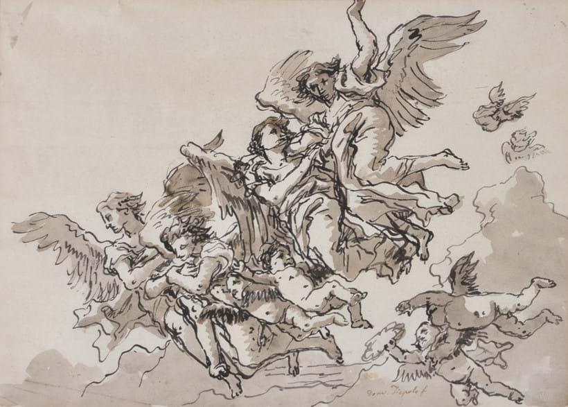 Inline Image - Lot 4, Giovanni Tiepolo (Italian 1727-1804), Angels and Putti with a Victor's Crown, pen, ink and wash, signed lower centre; est. £10,000-15,000 (+fees)