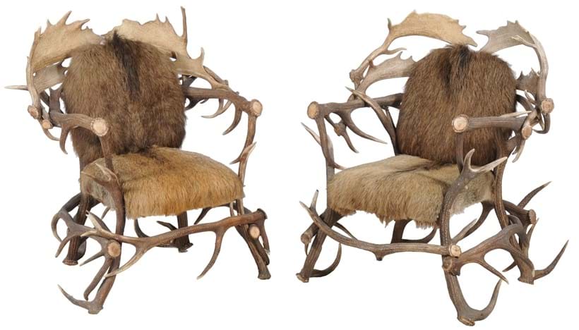Inline Image - Lot 13, a pair of antler constructed throne chairs, 20th century; the seat and backs upholstered in deer pelt; est. £1,000-1,500 (+fees).
