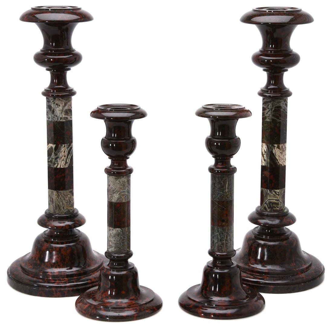 Inline Image - Lot 91, two pairs of fine Victorian serpentine candlesticks; est. £500-800 (+fees)