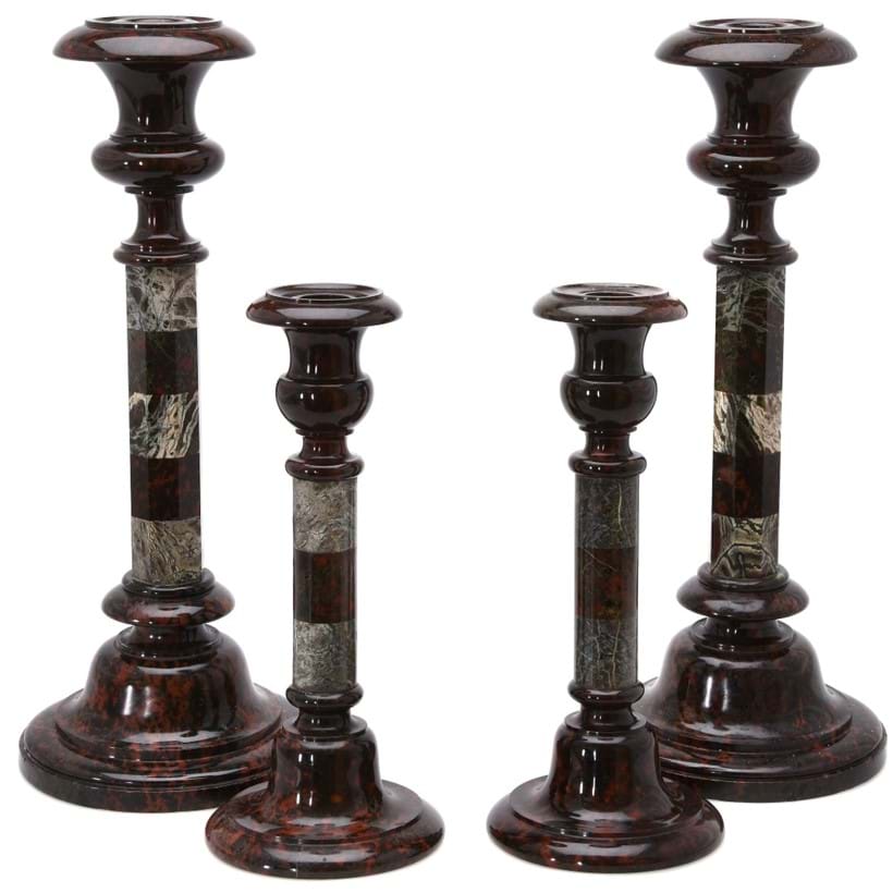 Inline Image - Lot 91, two pairs of fine Victorian serpentine candlesticks; est. £500-800 (+fees)