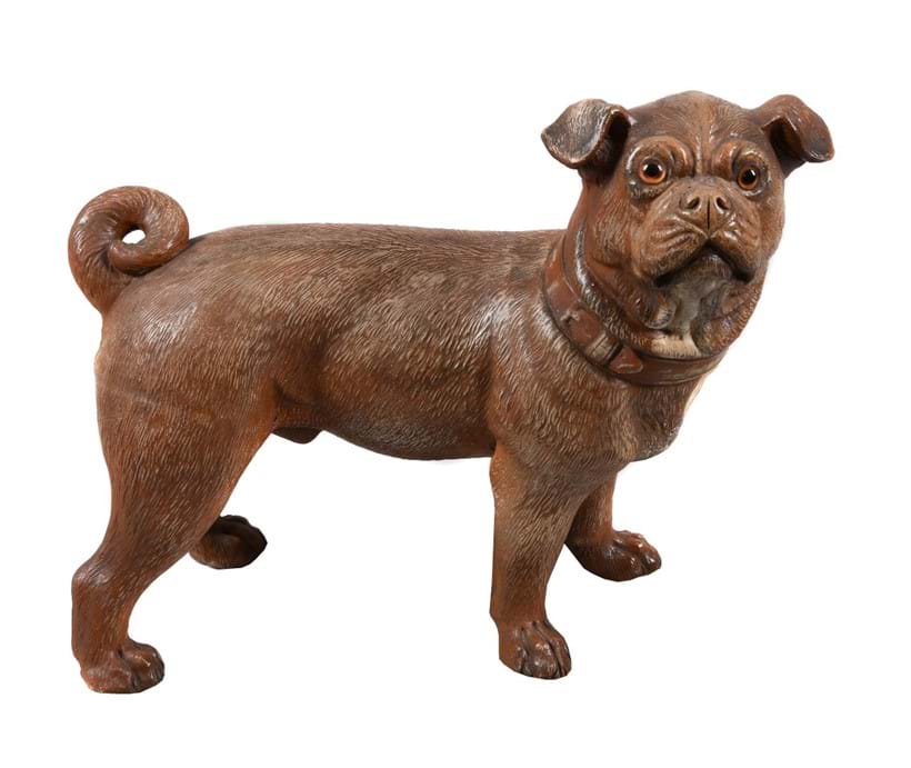 Inline Image - Lot 25, an Austrian painted terracotta model of a standing pug, early 20th century, portrayed with head turned to dexter, with inset glass eyes, 34cm long; est. £300-500 (+fees).
