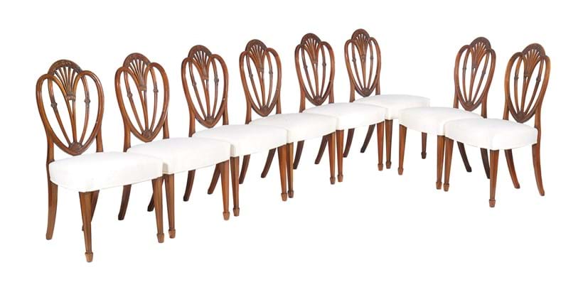 Inline Image - Lot 430, a set of eight George III mahogany dining chairs, circa 1790, in the manner of George Hepplewhite; est. £600-800 (+fees)