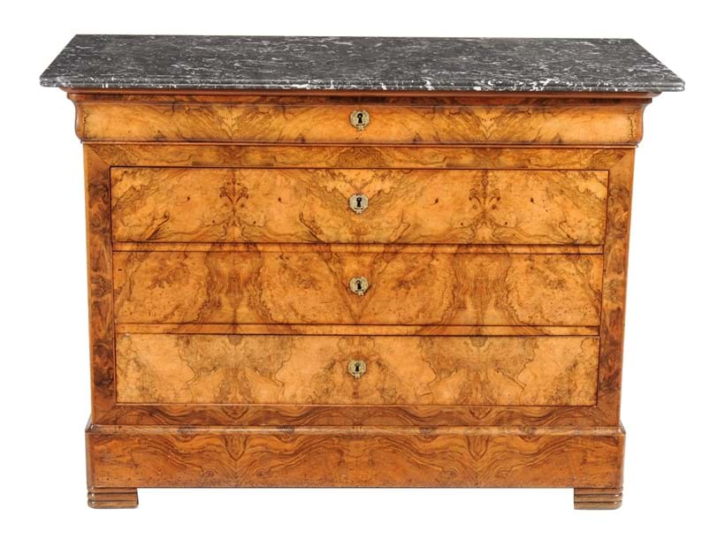 Inline Image - Lot 252, a Louis Philippe burr walnut and marble mounted commode, circa 1840; est. £1,000-1,500 (+fees)