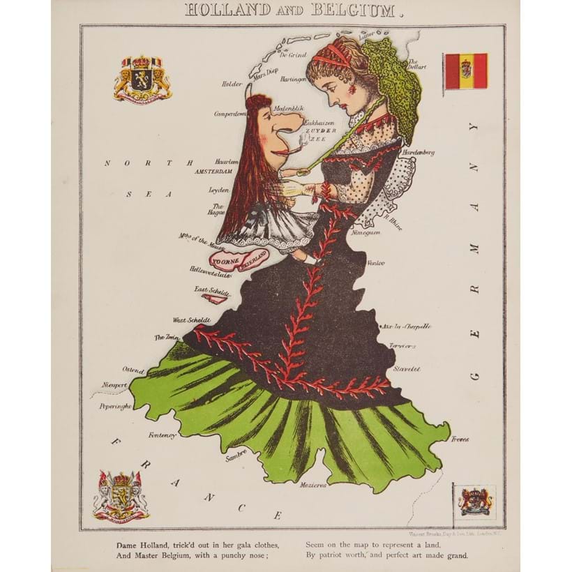 Inline Image - William Henry Harvey, Geographical Fun, namely Humourous Outlines of Various Countries | the set of twelve caricature maps of European countries with contents and advertisement leaves | chromolithographs, contents leaf with owner's inscription | Hodder and Stoughton, 1868; est. £800-1,200, sold for £1,178