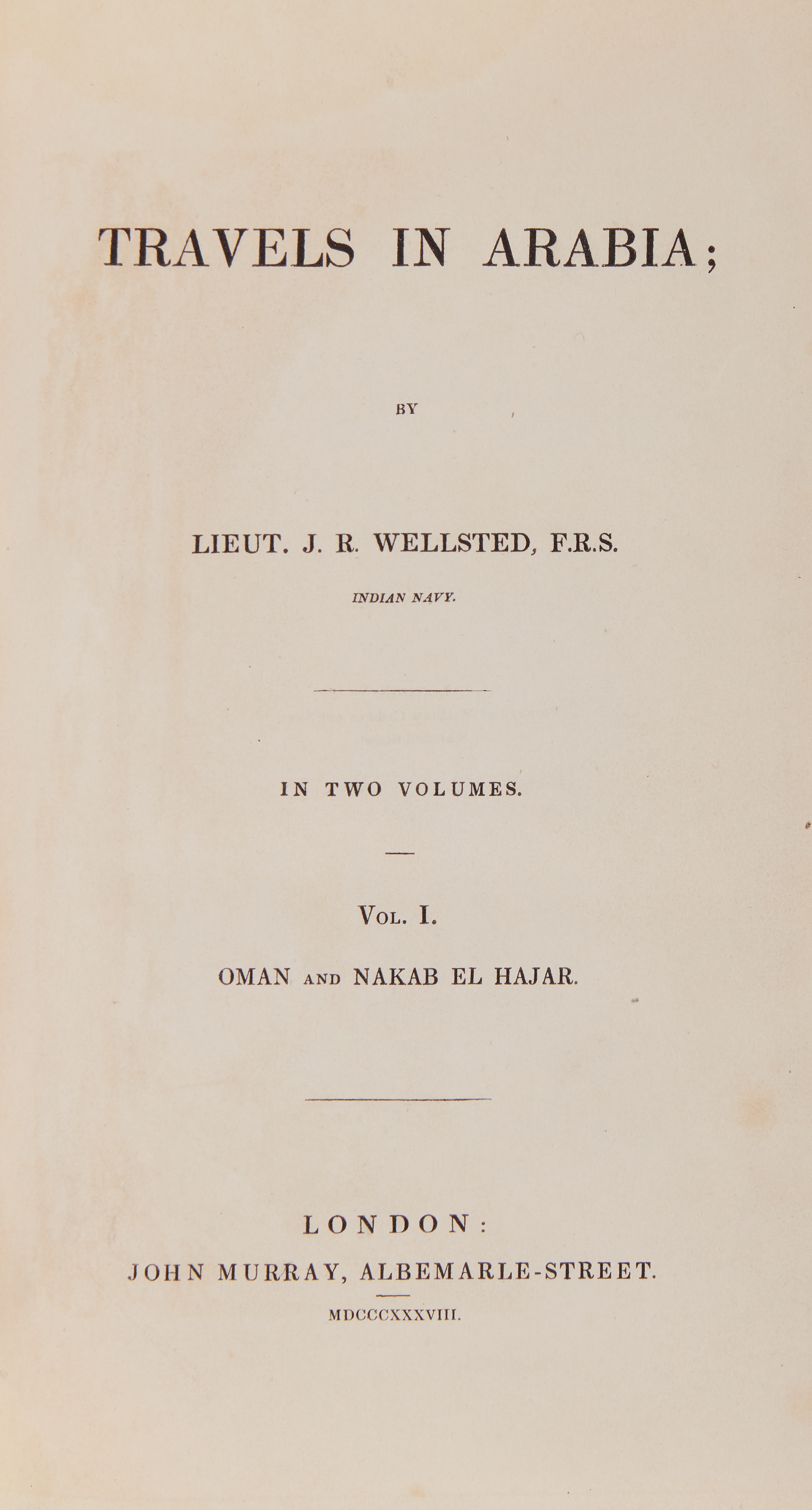 Inline Image - J.R. Wellsted, Travels in Arabia | 2 volumes, first edition | 7 lithographed plates, 5 engraved maps, 12 pp adverts dated 1837 at end of vol II | bookplate in vol I identified at that of Peake Pasha, namely Frederick Gerard Peake, (1886-1970), creator of the Arab Legion | 1838, est. £500-700, sold for £2,356