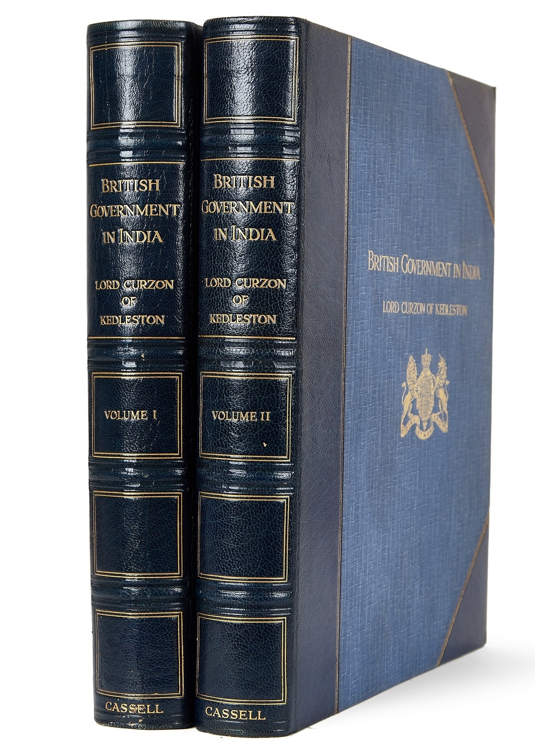 Inline Image - Lord Curzon of Kedleston, British Government in India | 2 volumes, no. 35 of 500 copies, frontispiece portraits, 86 plates | half blue morocco and gilt coat of arms on front covers, 1925; est. £200-300, sold for £434