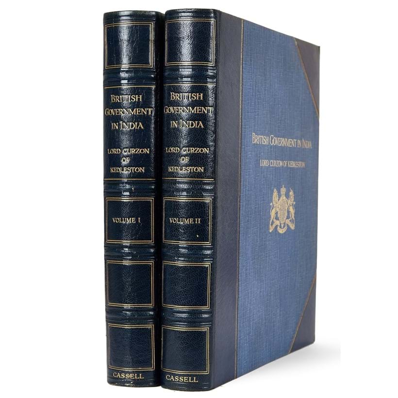 Inline Image - Lord Curzon of Kedleston, British Government in India | 2 volumes, no. 35 of 500 copies, frontispiece portraits, 86 plates | half blue morocco and gilt coat of arms on front covers, 1925; est. £200-300, sold for £434