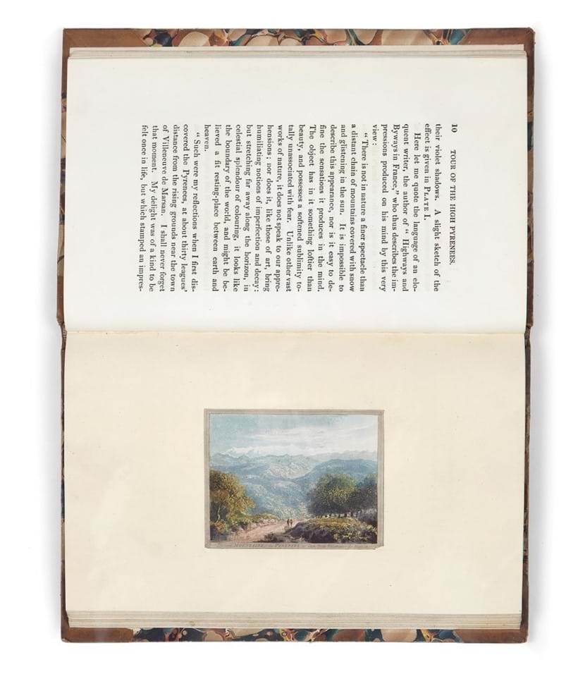 Inline Image - Joseph Hardy, A Picturesque and Descriptive Tour in the Mountains of The High Pyrenees | comprising Twenty-Four Views of The Most Interesting Scenes, From Original Drawings Taken on the Spot; With Some Account of the Bathing Establishments in that Department of France | first edition, bookplate of John Moxom to front paste down | a superior copy with delicate colouring, London, R Ackermann, 1825 | est. £400-600, sold for £496