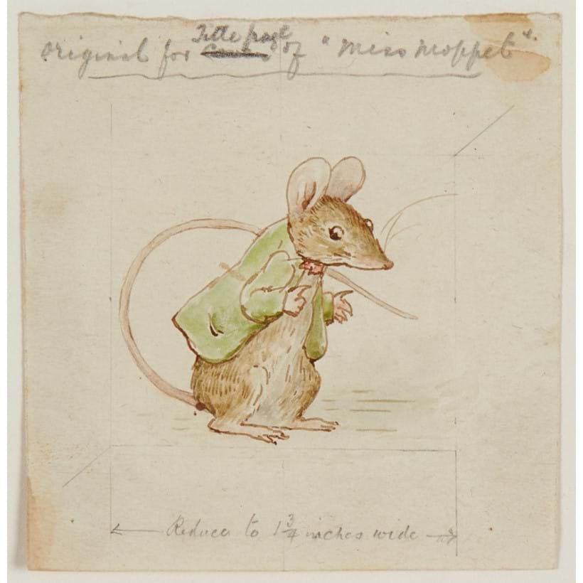 Inline Image - Original watercolour study for the mouse that appears in The Story of Miss Moppet, finishing the tale dancing a victory jig having escaped the eponymous kitten | with an autograph pencil note by Beatrix Potter | 1906, est. £8,000-10,000, sold for £16,120
