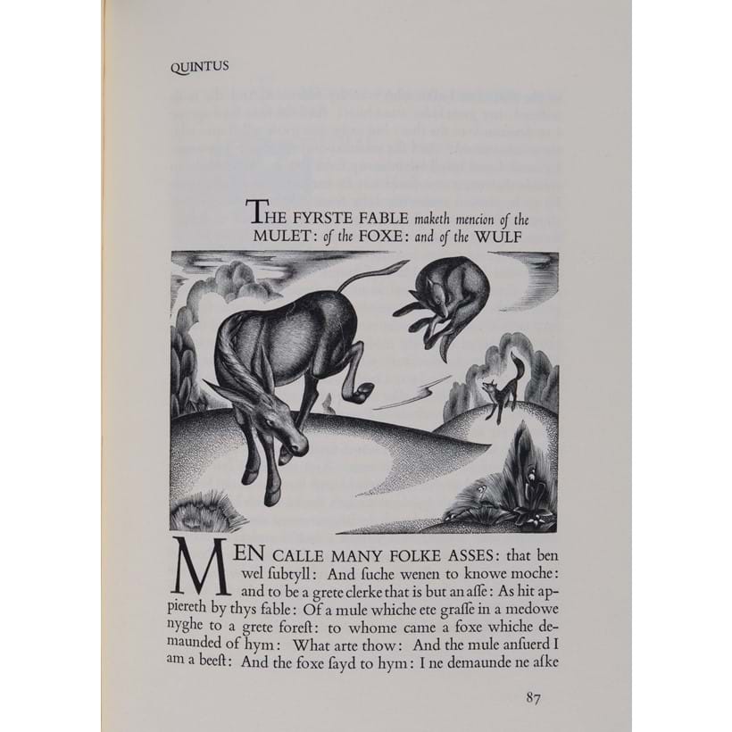 Inline Image - Gregynog Press, The Fables of Esope | 8 of 25 specially-bound copies | wood-engraved title, illustrations and initials by Agnes Miller Parker | bound in duo morocco by William MacCance and George Fisher of the Gregynog Press Bindery | 1931, est. £2,000-3,000, sold for £3,224