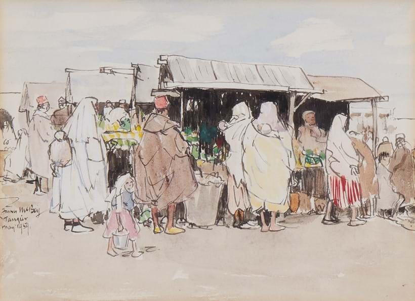 Inline Image - James McBey, Vegetable Market, Tangiers | watercolour and ink, signed and dated, 1959 | est. £400-600, sold for £806