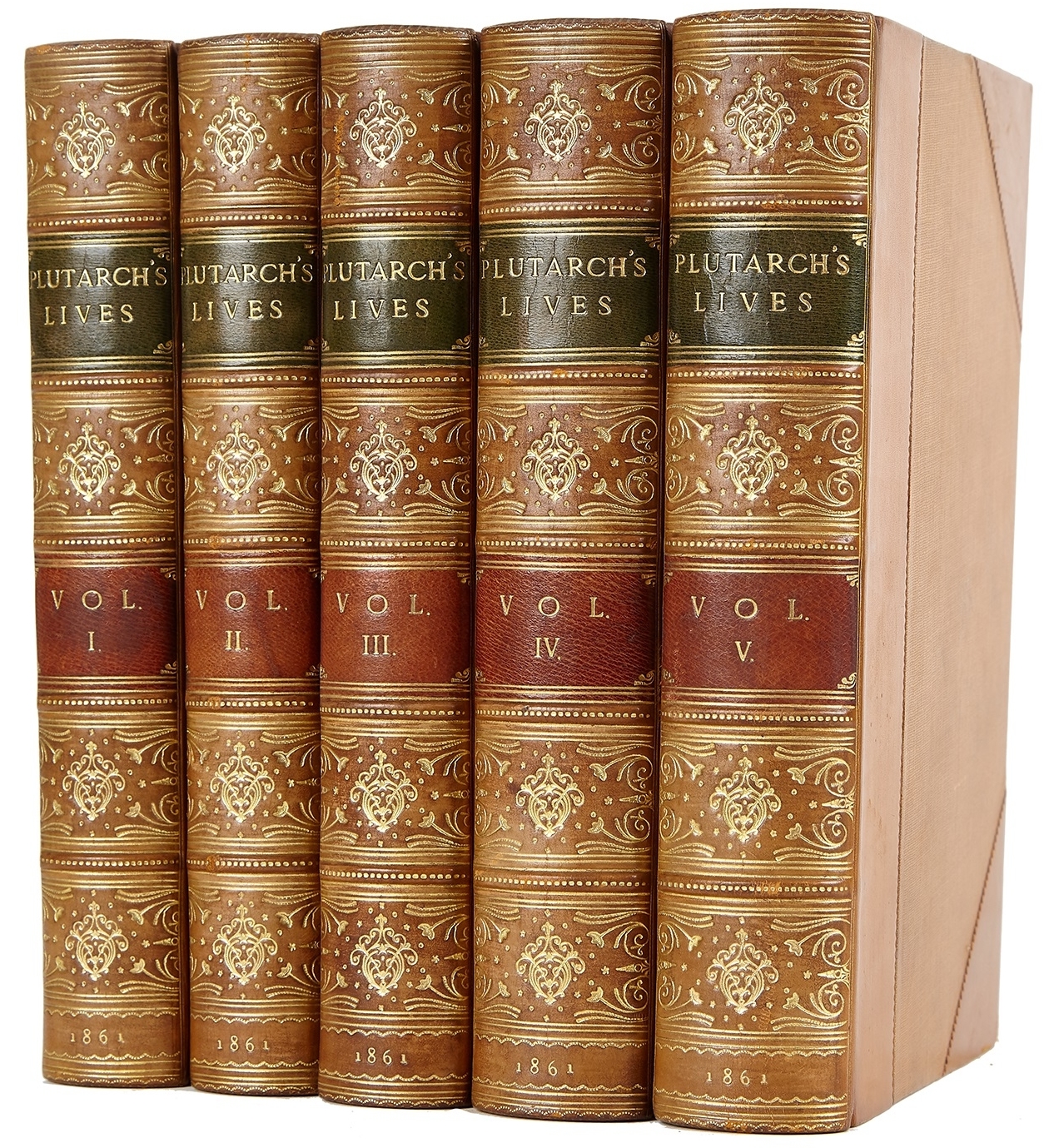 Inline Image - A.H. Clough (ed.), Plutarch's Life, The Translation Called Dryden's, 5 volumes | contemporary half calf with green and brown title labels by Morrell | Sampson, Low & Son, London, 1861 | est. £300-400, sold for £471