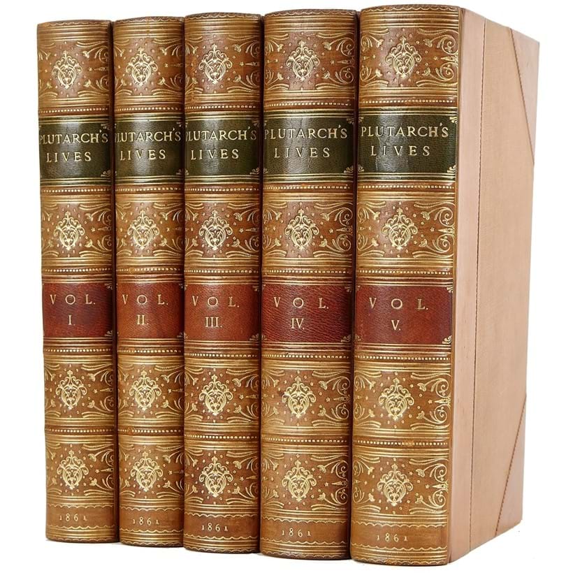 Inline Image - A.H. Clough (ed.), Plutarch's Life, The Translation Called Dryden's, 5 volumes | contemporary half calf with green and brown title labels by Morrell | Sampson, Low & Son, London, 1861 | est. £300-400, sold for £471