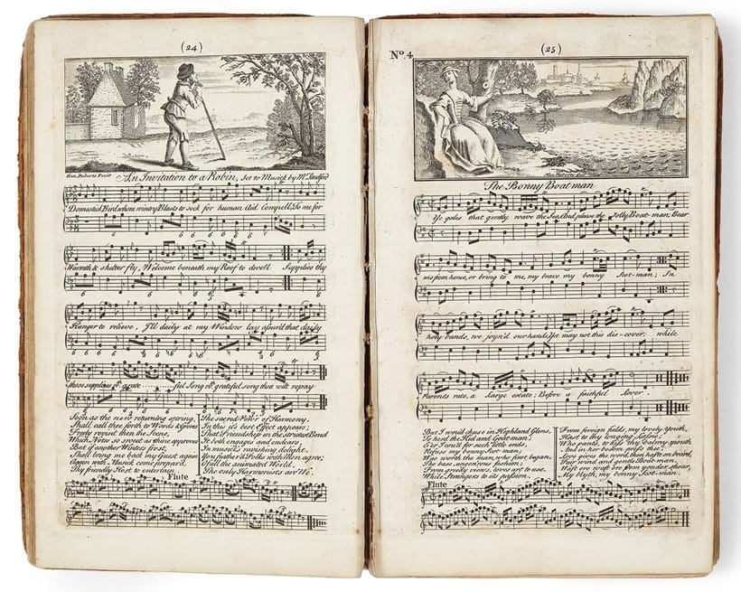 Inline Image - Henry Roberts, A Collection of the Most Celebrated English and Scots Songs | vol I, only of 2, second edition, engraved throughout with vignettes | the musical notation for voice and flute accompaniment, composers include Handel and Purcell, a second volume was issued, but, often found as one volume only | est. £120-180, sold for £471
