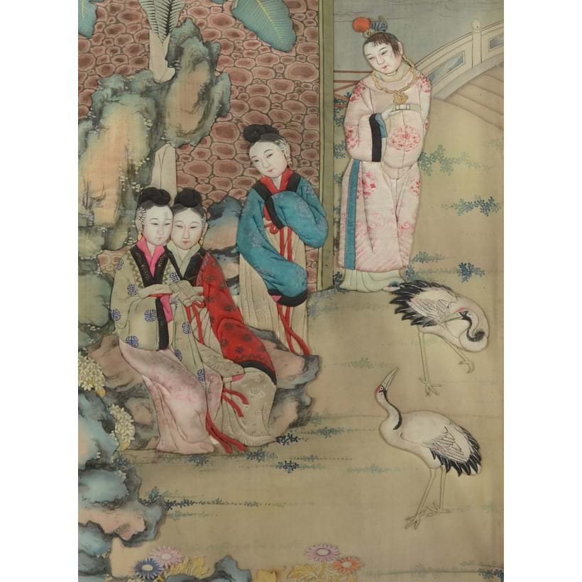 Inline Image - Lot 450: (Detail) A rare set of six 'Red Chamber' painted silk panels, Qing Dynasty Provenance: From a private English Collection Est. £10,000-15,000 (+fees)