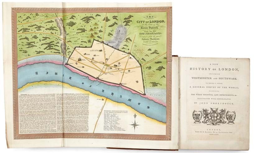 Inline Image - John Noorthouck, A New History of London, Including Westminster and Southwark | 36 engraved plates, 4 engraved folding maps (2 hand coloured), hand-coloured folding map frontispiece | for R. Baldwin, 1773, est. £200-300, sold for £520