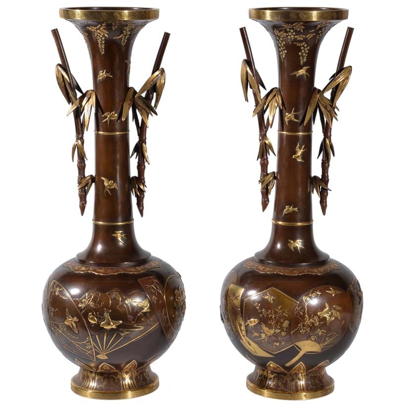 Inline Image - Miya-O Eisuke: an impressive pair of parcel gilt bronze vases 
Meiji period, height 52cm | Est. £8,000-12,000 (+fees)