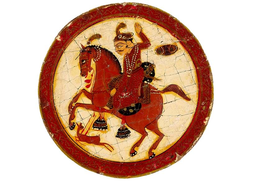 Inline Image - Lot 149, A lacquered Ganjifa playing card, illuminated painting on papier-mâché, card 
[Mughal India (probably Rajasthan) c. 1820 AD]
Sold for £124
Western and Oriental Manuscripts and Miniatures, 10th July