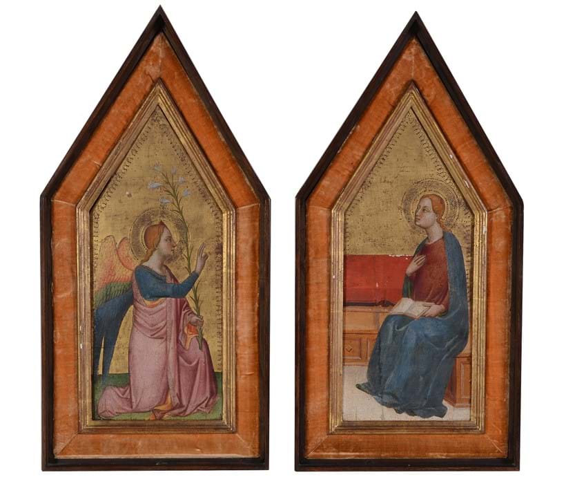 Inline Image - Lot 2: Florentine School (c. 1500), The Annunciation, (diptych)
tempura and gold ground, each 44 x 18cm (17 1/4 x 7in.) (2) | Sold for £22,320