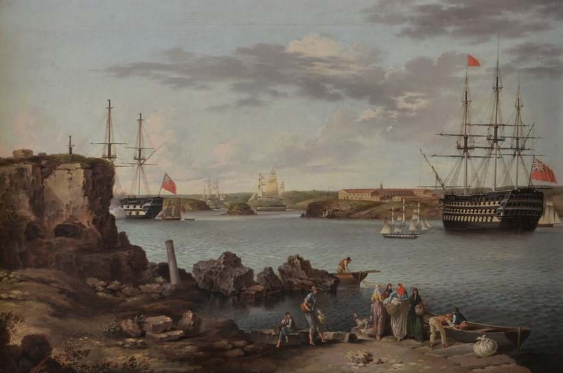 Inline Image - Lot 46: Anton Schranz (German 1769-1839), HMS Caledonia entering Mahon, (offered with HMS Caledonia leaving Mahon) 
oil on canvas, 41.5 x 62cm (16 1/4 x 24 1/2in.) (2) | Sold for £27,280