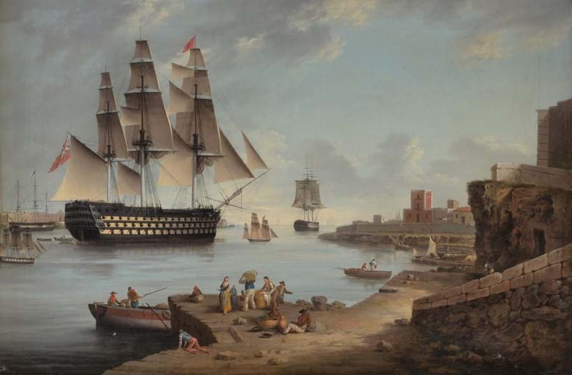 Inline Image - Lot 46: Anton Schranz (German 1769-1839), HMS Caledonia leaving Mahon, (offered with HMS Caledonia entering Mahon) 
oil on canvas, 41.5 x 62cm (16 1/4 x 24 1/2in.) (2) | Sold for £27,280
