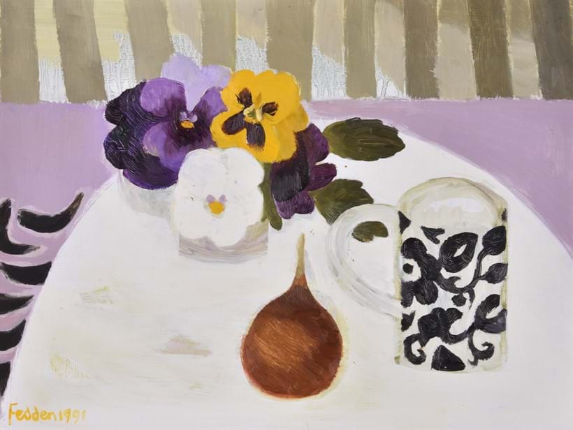 Inline Image - Lot 160, Mary Fedden (1915-2012), Still Life with Pansies and Onion, Oil on board, signed lower left, 31.5 x 41.5cm (11 3/8 x 16 1/4in.) | Sold for £9,300