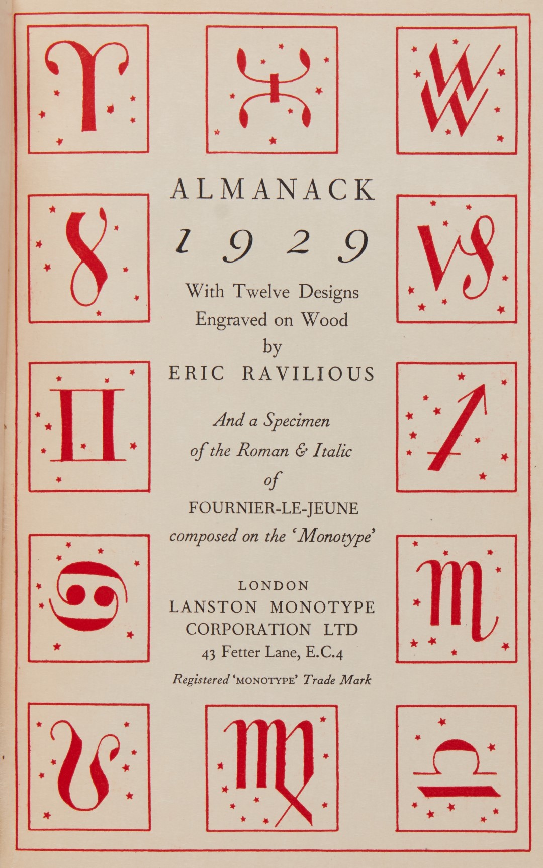 Inline Image - Eric Ravilious, Almanack 1929 with Twelve Designs | wood engraved illustrations by Ravilious, original backram-backed boards | Lanstone Monotype Corporation, 1929 | est. £400-600, sold for £806