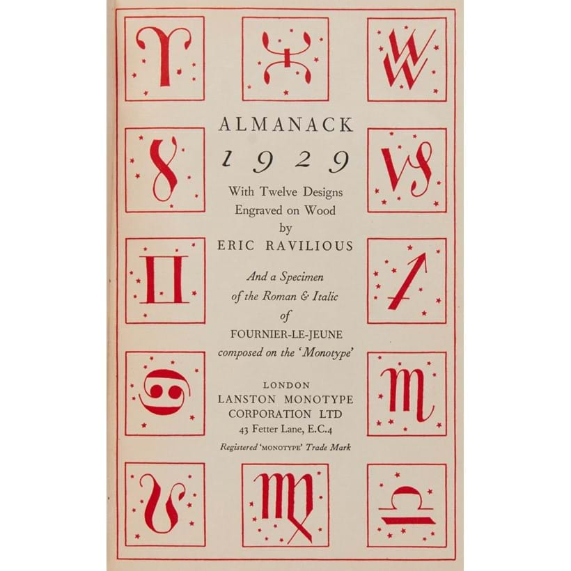 Inline Image - Eric Ravilious, Almanack 1929 with Twelve Designs | wood engraved illustrations by Ravilious, original backram-backed boards | Lanstone Monotype Corporation, 1929 | est. £400-600, sold for £806
