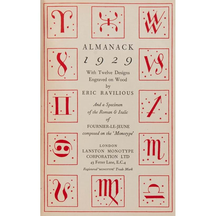 Inline Image - Eric Ravilious, Almanack 1929 with Twelve Designs | wood engraved illustrations by Ravilious, original backram-backed boards | Lanstone Monotype Corporation, 1929 | est. £400-600, sold for £806
