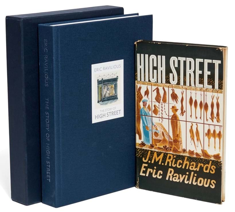 Inline Image - Eric Ravilious and J.M. Richards, High Street | first edition, 24 colour lithograph plates and plain wood-engraved title vignette by Eric Ravilious | Curwen Press for Country Life Ltd, 1938 | One of the best examples of Ravilious' experimentations with colour lithography produced for the Curwen Press | est. £1,200-1,500, sold for £1,736
