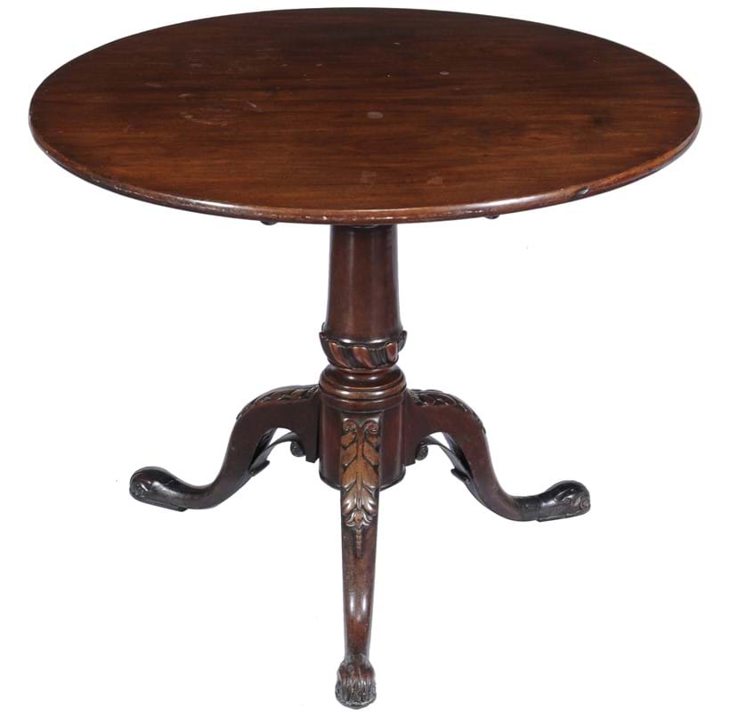Inline Image - Lot 336: A George III mahogany birdcage tripod supper table, circa 1760, 73cm high, the top 89cm diameter | Est. £600-800 (+fees)