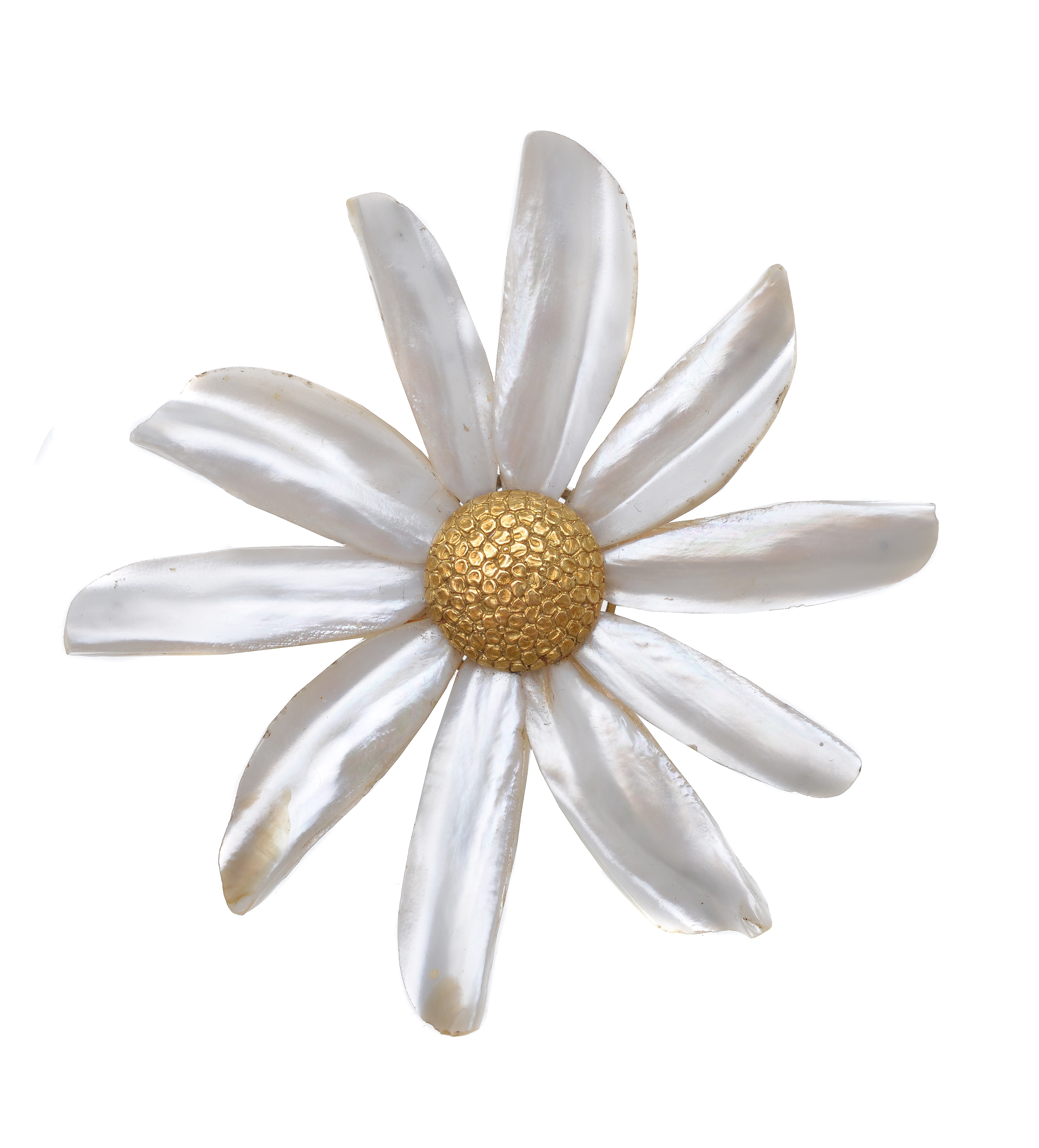 An early 20th century French Art Nouveau mother of pearl and gold daisy hair pin 