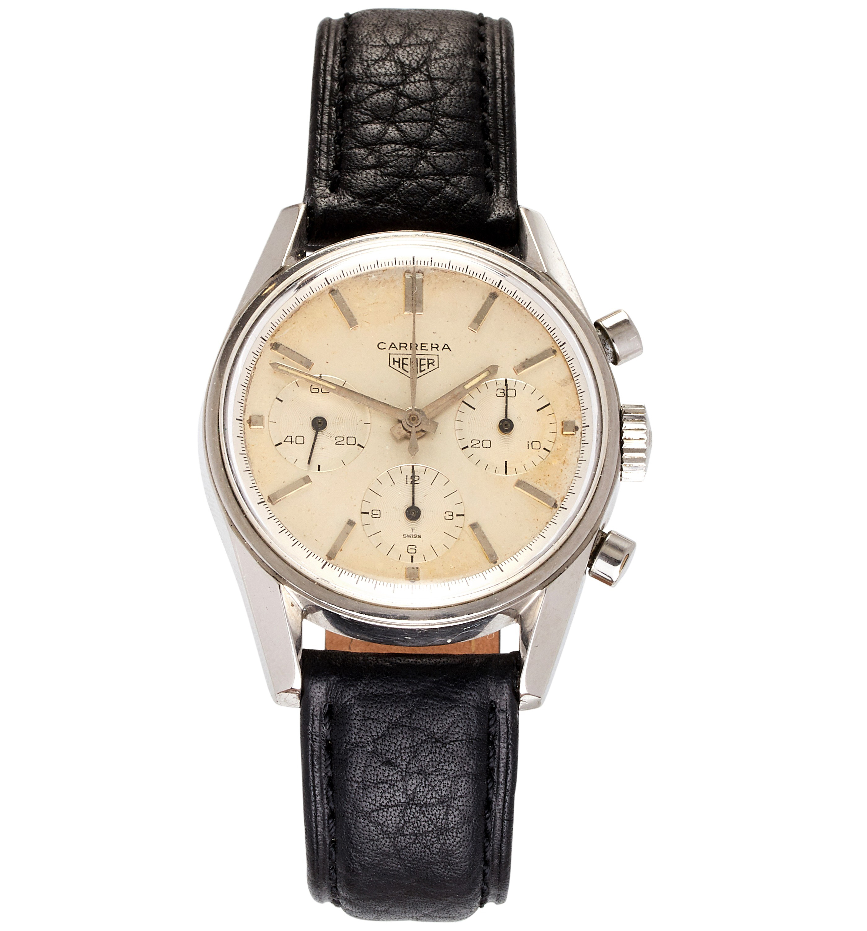 Inline Image - Lot 238: Heuer, Carrera ref. 2447S, a stainless steel chronograph wrist watch, numbered 77622, circa 1964 | Est. £3,00-5,000 (+fees)