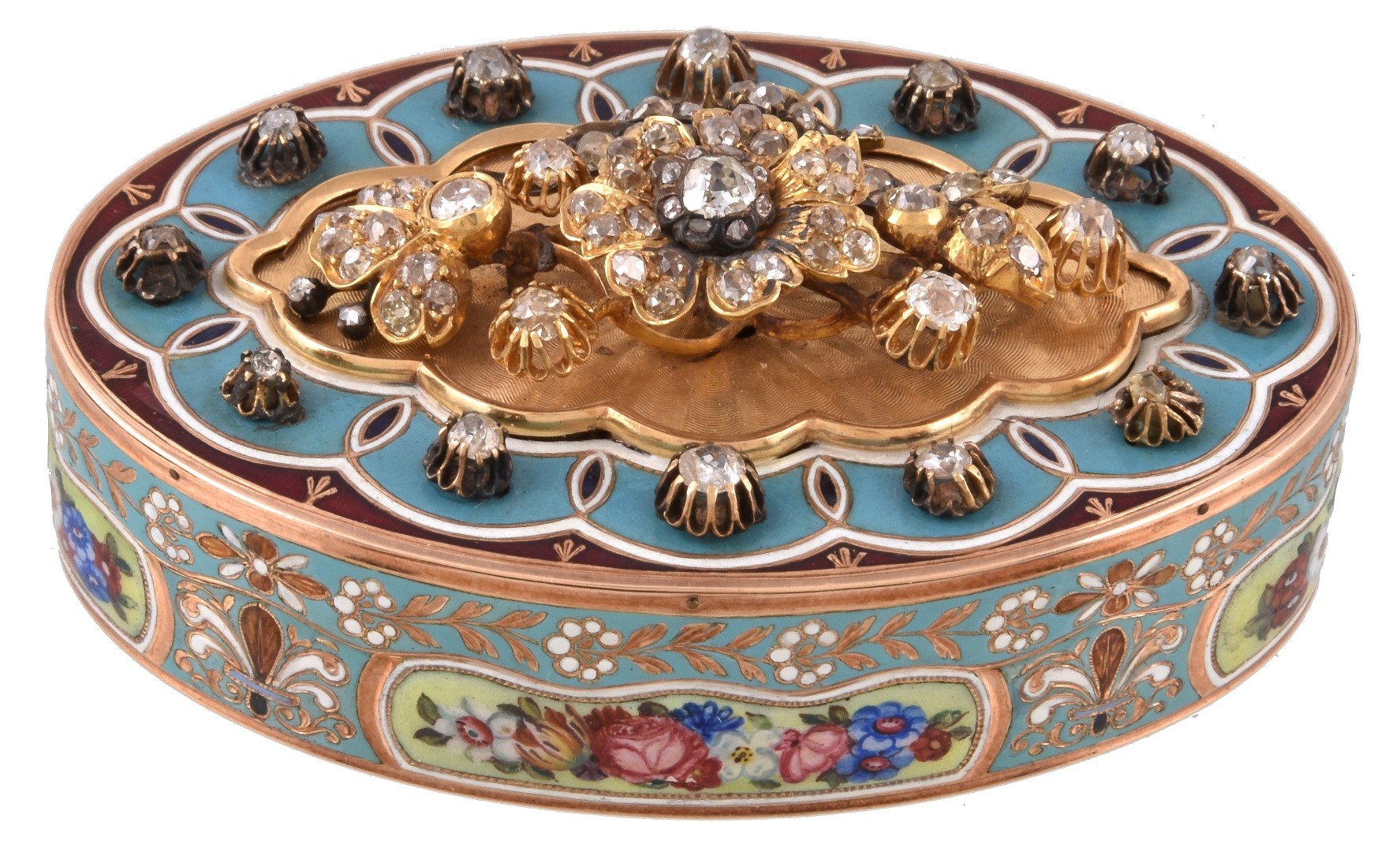 A Continental gold, enamel and diamond set oval snuff box, unmarked, mid 19th century 