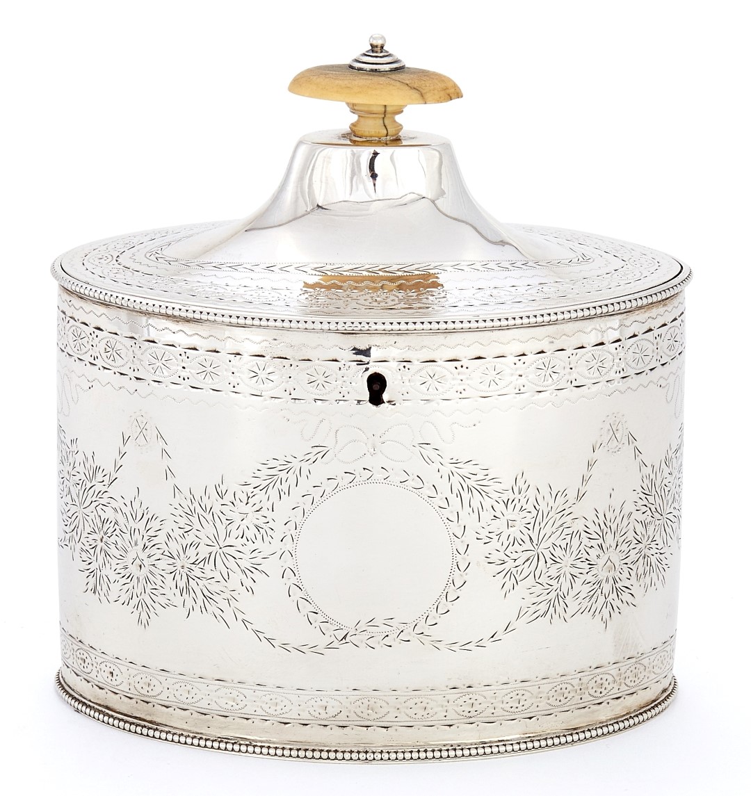 A George III silver straight-sided oval tea caddy by Charles Chesterman II 