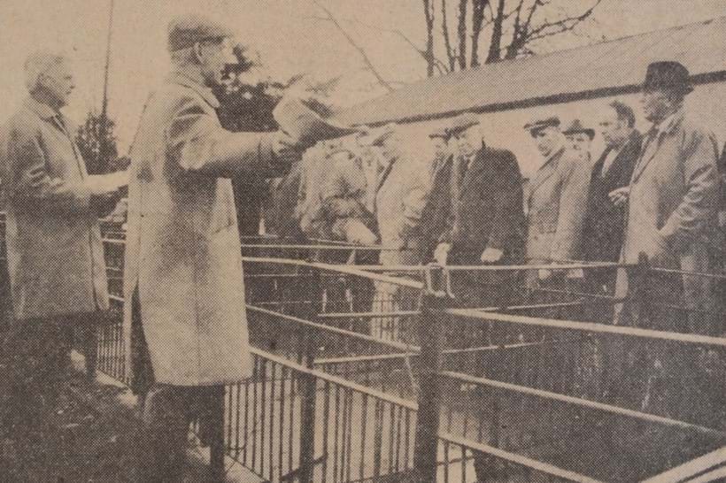 Inline Image - Desmond Barton takes the auction of Newbury Cattle Market fixtures and fittings, January 1970; to his left, Hugh Berry of A. W. Neate is also in attendance