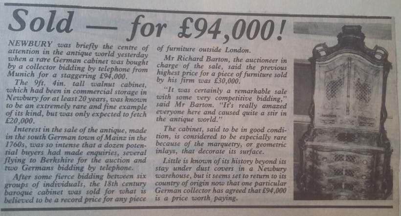 Inline Image - Coverage of the auction of the south German walnut bureau cabinet, circa 1760, in October 1983