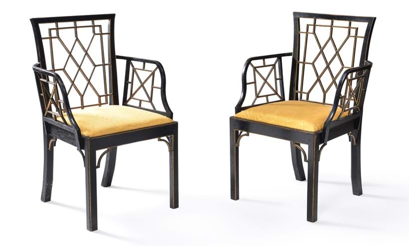 Inline Image - LOT 168: A SET OF EIGHT GEORGE III BLACK PAINTED AND PARCEL GILT DINING CHAIRS, OF COCKPEN TYPE, CIRCA 1800.
PROVENANCE: BY REPUTE FROM THE CHINESE ROOM AT ICKWORTH HOUSE, SUFFOLK | EST. £3,000-5,000 (+FEES)