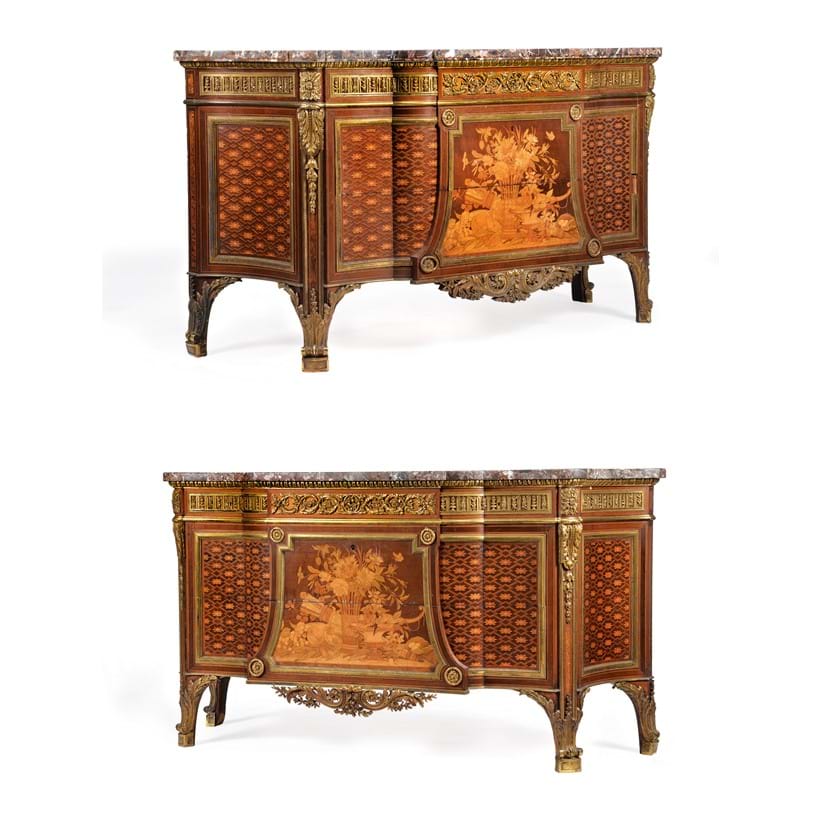 Inline Image - LOT 60: A PAIR OF ORMOLU-MOUNTED MARQUETRY AND PARQUETRY COMMODES BY HENRY DASSON AFTER MODELS BY J.H. RIESENER, LATE 19TH CENTURY.
PROVENANCE: FORMERLY FROM BROCKET HALL | EST. £100,000-150,000 (+FEES)