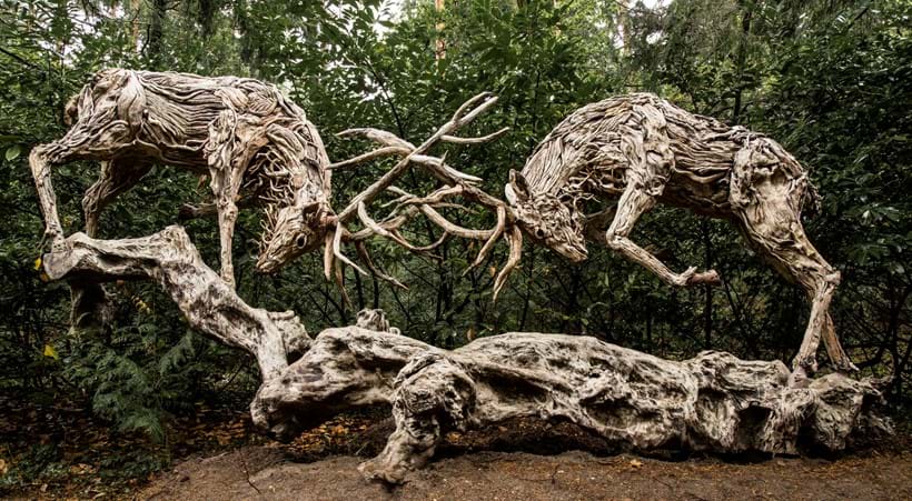 Inline Image - James Doran Webb, 'Rutting Stags', Wood, stainless steel and metal, 235cm high, 530cm wide, 160cm deep | Est. £60,000-80,000 (+fees)