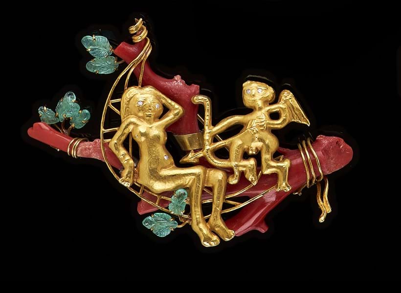 Inline Image - Lot 137: Υ A late 1940s coral, emerald and diamond brooch/pendant designed by Afro Basaldella for Masenza, circa 1949 | Est. £1,500-2,000 (+fees)