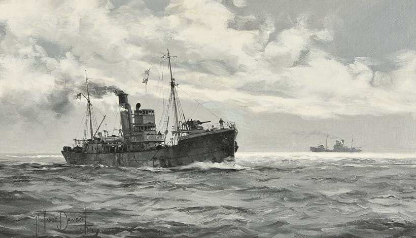Inline Image - Lot 200: λ Montague Dawson (British 1890-1973), 'Minesweepers on patrol', Oil on canvas board | Est. £6,000-8,000 (+fees)