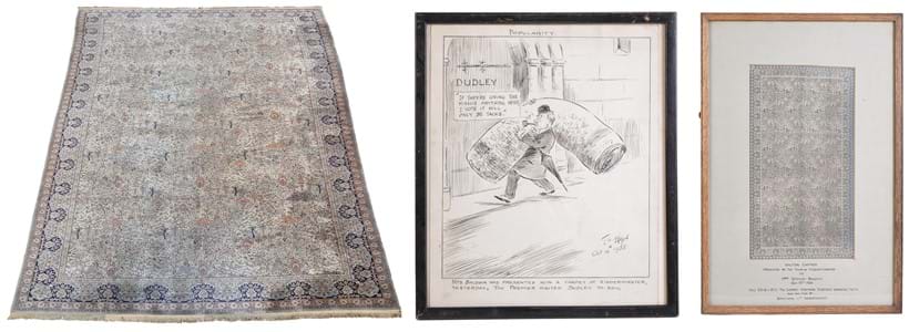 Inline Image - Lot 284: A woven Wilton carpet, circa 1928; together with an illustration of this carpet; and a satirical cartoon after T. W. Ellison, 'Popularity' | Est. £800-1,200 (+fees)