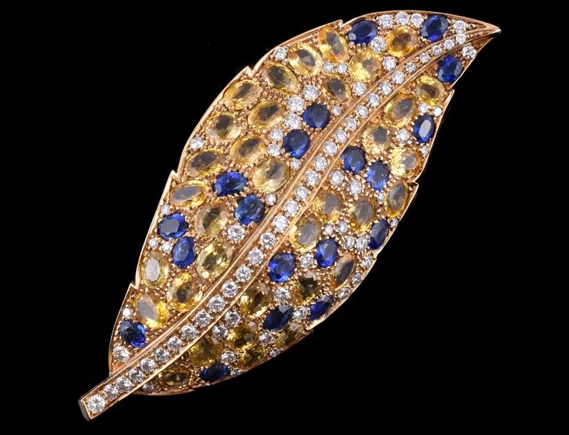 Inline Image - A diamond, sapphire and yellow sapphire leaf brooch by F. Moroni. Sold at Dreweatts for £1,875