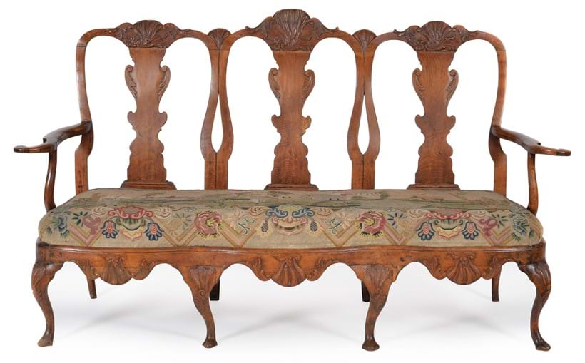 Inline Image - Lot 21: A Danish carved beech and needlework upholstered chair back settee
