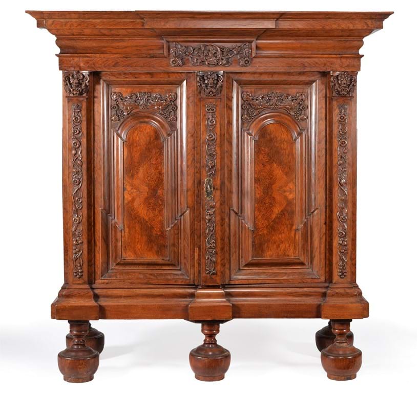 Inline Image - Lot 20: A substantial North German or Dutch figured walnut cupboard or 'Hallenschrank', or press cupboard