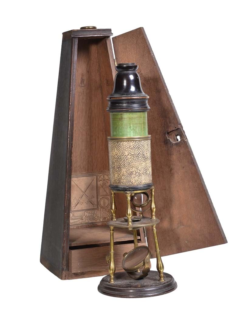 Inline Image - A fine George II lacquered brass, shagreen, and lignum vitae Culpeper double-reflecting compound microscope, Edmund Culpeper, London, circa 1730 | Est. £7,000-10,000 (+fees)