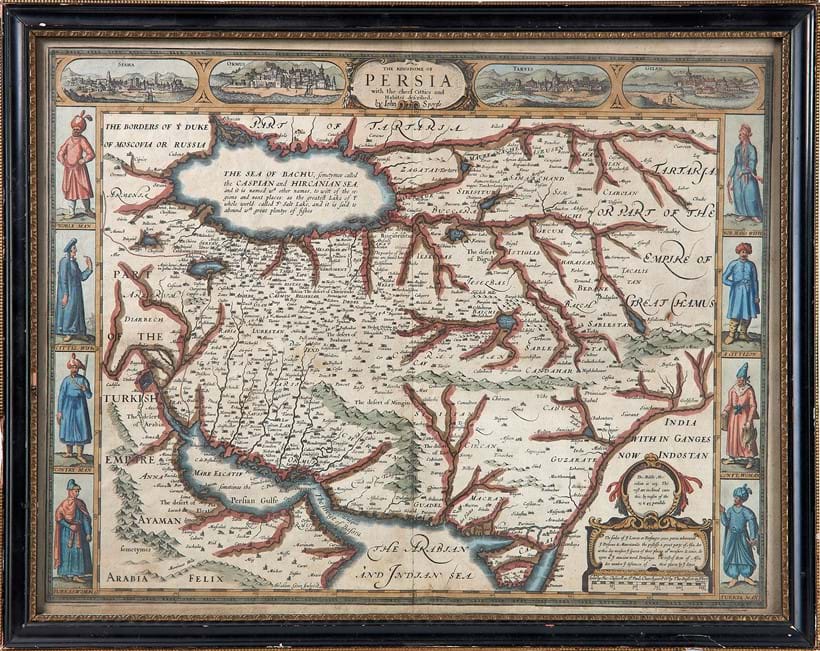 Inline Image - Lot 1: John Speed, The Kingdome of Persia with the Cheef Citties and Habites described, copper plate engraving on paper, hand-coloured, Chiswell and Basset [London, 1676] | Est. £400-600 (+ fees)